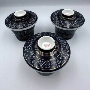 VTG Japanese Nichigetsu Ceramic Chawan-mushi Cups with Lid Set of 3 - Red Mark